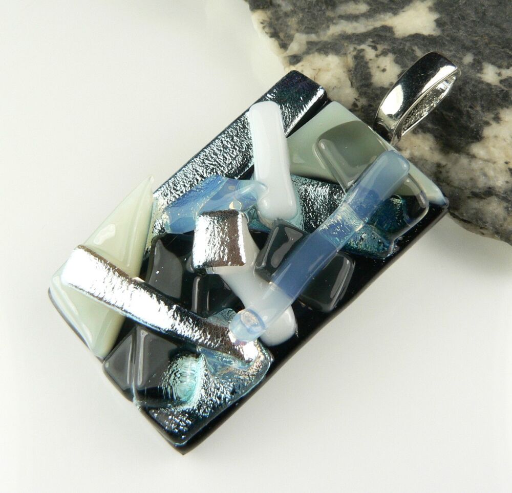 Handcrafted 4.7cm monochrome textured Dichroic glass pendant, with leather cord & gift box (#30356)
