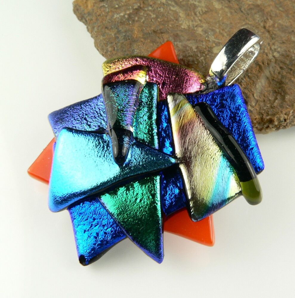 Handcrafted 4.5cm multi-coloured textured Dichroic glass pendant, with leather cord & gift box (#30554)