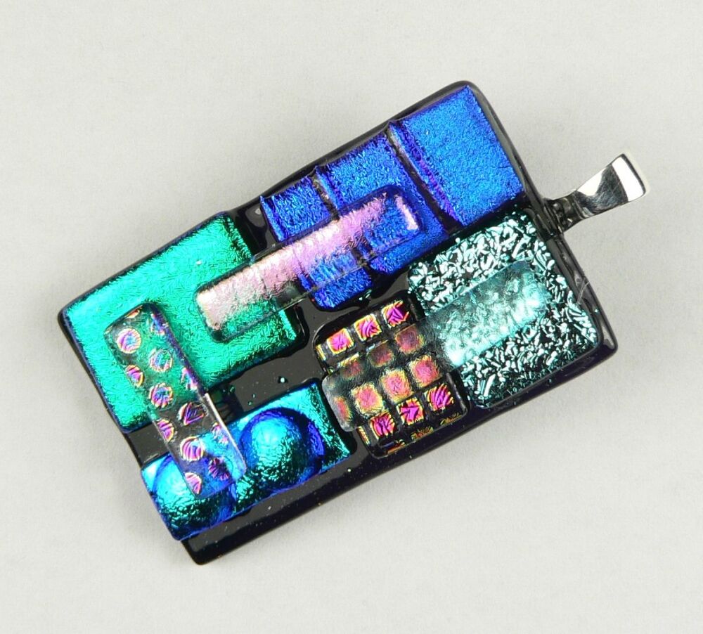 Handcrafted 4.1cm Sterling silver textured & multi-coloured Dichroic glass pendant, with leather cord & gift box (#20899)