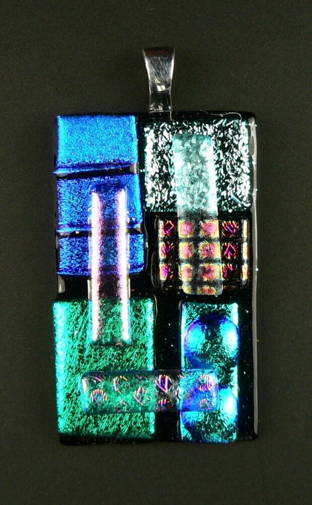 Handcrafted 4.1cm Sterling silver textured & multi-coloured Dichroic glass pendant, with leather cord & gift box (#20899)