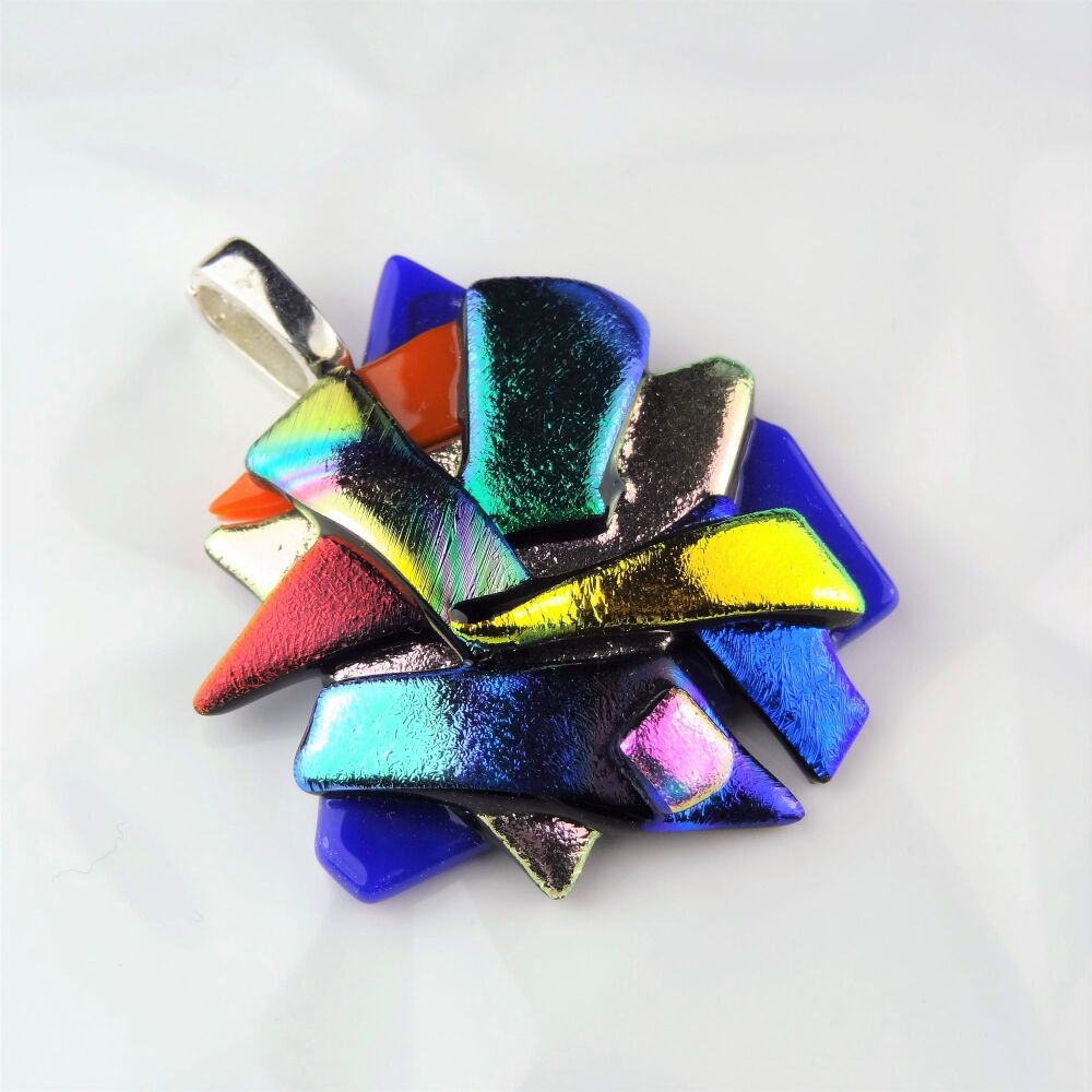 Handcrafted 4.5cm textured, multi-coloured, genuine dichroic glass pendant, with leather cord & gift box (#30243)