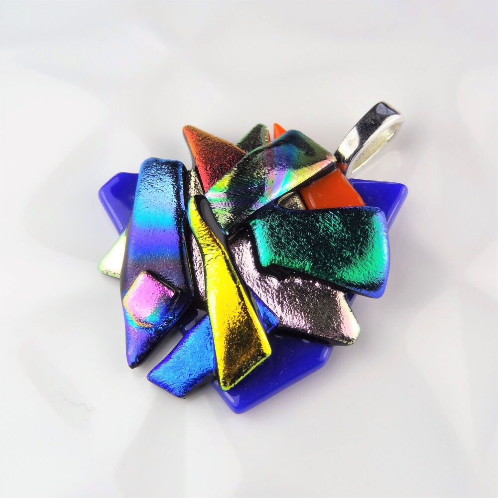 Handcrafted 4.5cm textured, multi-coloured, genuine dichroic glass pendant, with leather cord & gift box (#30243)