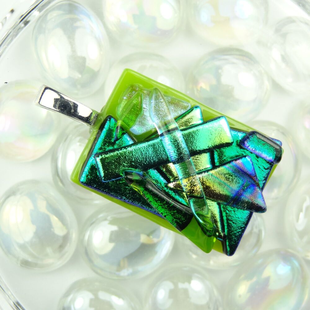 Handcrafted 4.2cm shades of green textured Dichroic glass pendant, with leather cord & gift box (#30342)