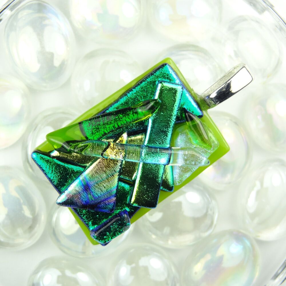 Handcrafted 4.2cm shades of green textured Dichroic glass pendant, with leather cord & gift box (#30342)