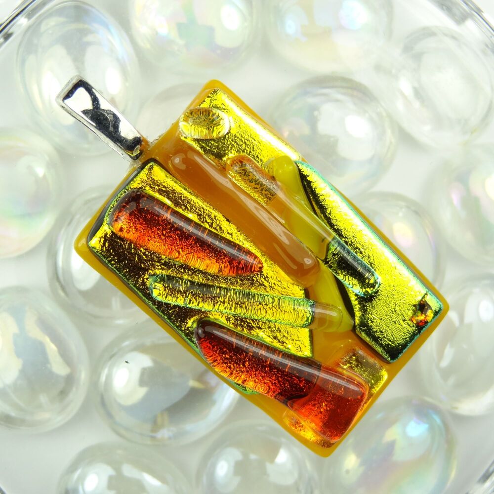 Handcrafted 4.7cm orange/yellow/gold textured Dichroic glass pendant, with leather cord & gift box (#30563)