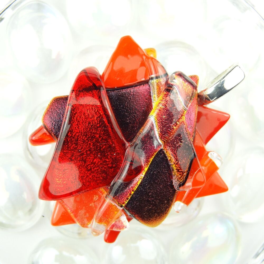 Handcrafted 4.9cm shades of red textured Dichroic glass pendant, with leather cord & gift box (#30344)
