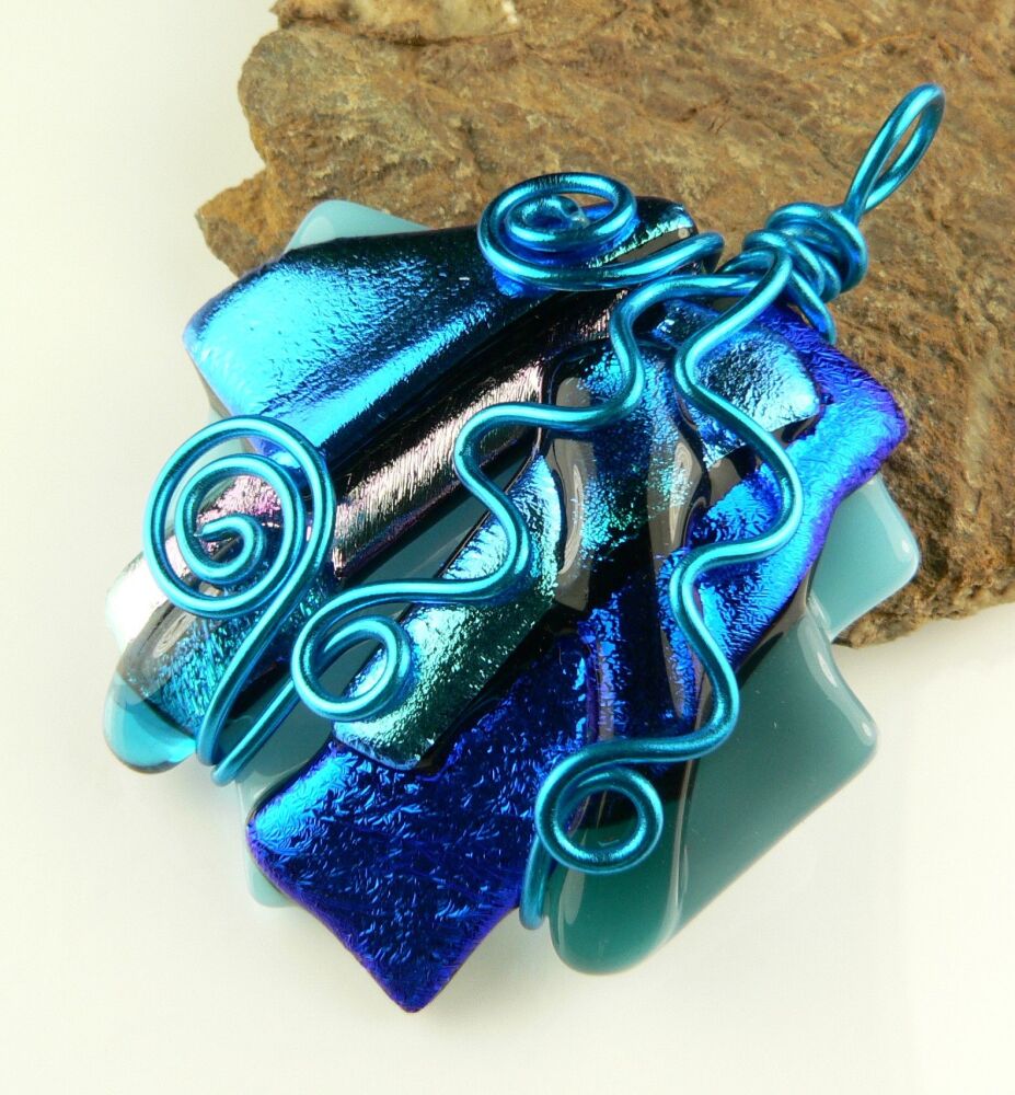 Handcrafted 4.7cm blue textured & wire wrapped genuine Dichroic glass pendant, with leather cord & gift box (#30224)