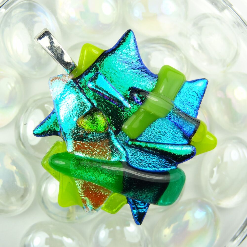 Handcrafted 4.6cm shades of green textured Dichroic glass pendant, with leather cord & gift box (#30135)