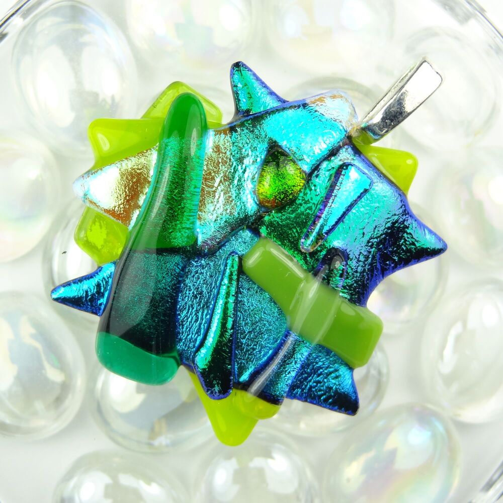 Handcrafted 4.6cm shades of green textured Dichroic glass pendant, with leather cord & gift box (#30135)