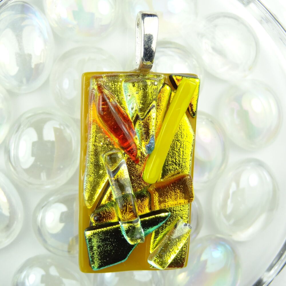 Handcrafted 4.8cm orange/yellow/gold textured Dichroic glass pendant, with leather cord & gift box (#30475)