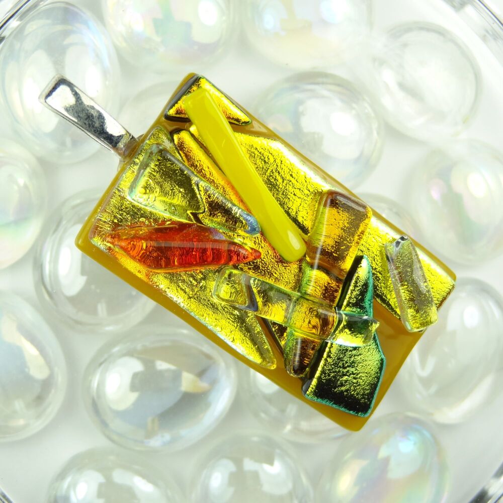 Handcrafted 4.8cm orange/yellow/gold textured Dichroic glass pendant, with leather cord & gift box (#30475)