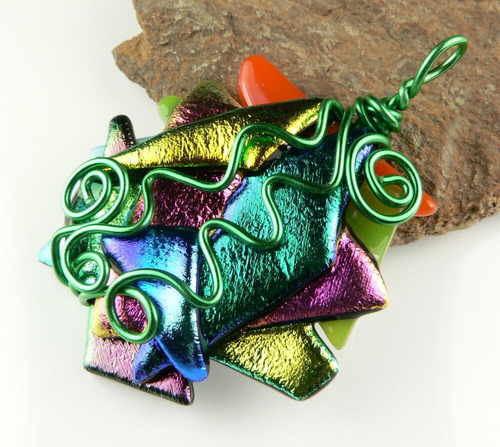 Handcrafted 5cm multi-coloured textured & wire wrapped Dichroic glass pendant, with leather cord & gift box (#30110)
