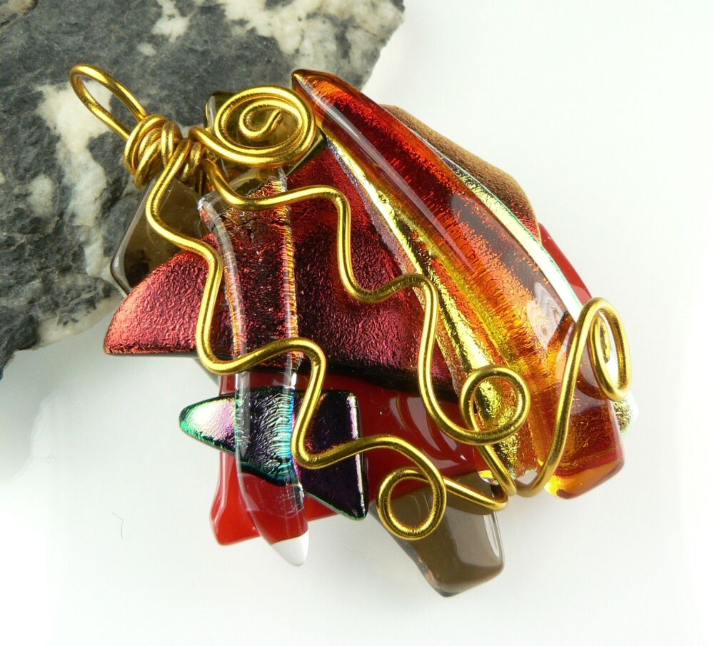 Handcrafted 5.1cm textured & wire wrapped Dichroic glass pendant, with leather cord & gift box (#30441)