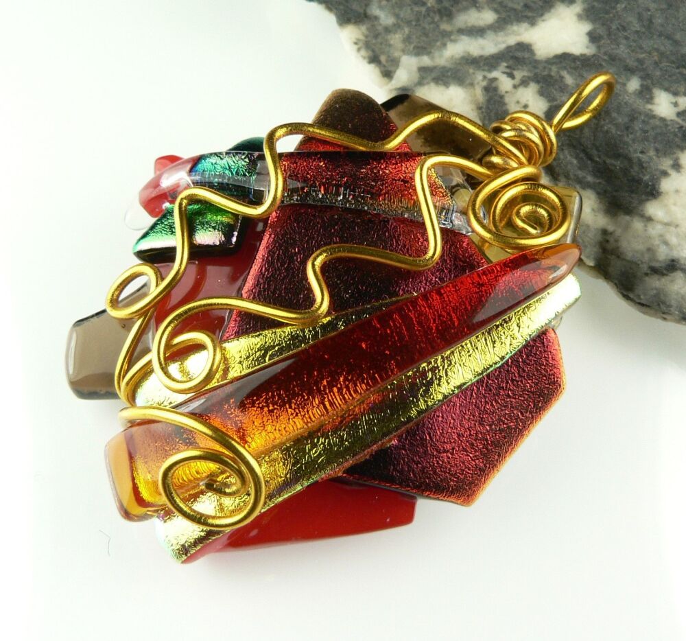 Handcrafted 5.1cm textured & wire wrapped Dichroic glass pendant, with leather cord & gift box (#30441)