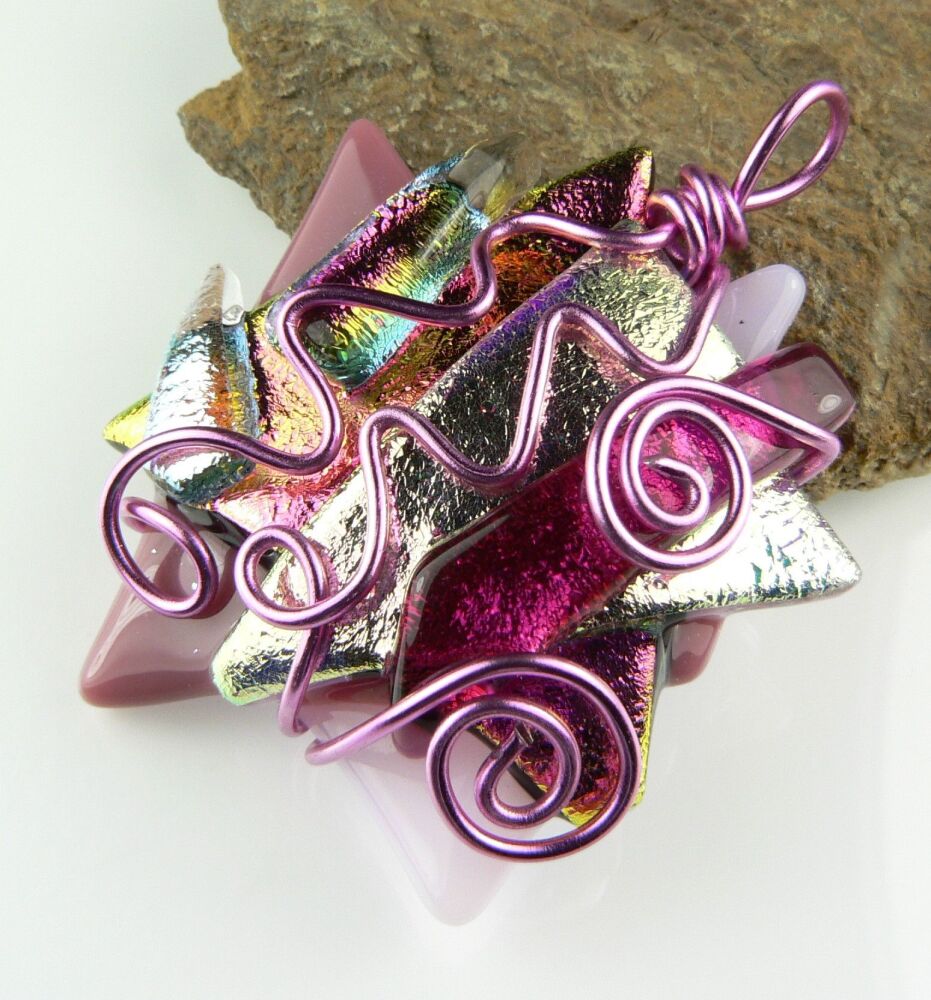 Handcrafted 4.7cm pink textured & wired Dichroic glass pendant, with leather cord & gift box (#30016)