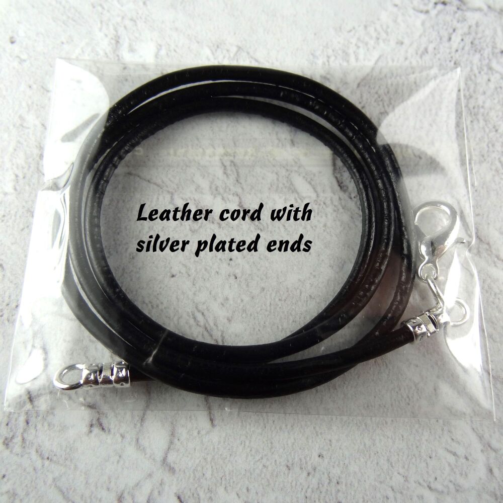 Handcrafted 4.6cm white-ish/pale textured & wired Dichroic glass pendant, with leather cord & gift box (#30565)