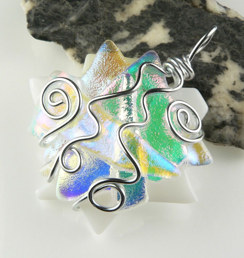 Handcrafted 4.6cm white-ish/pale textured & wired Dichroic glass pendant, with leather cord & gift box (#30565)