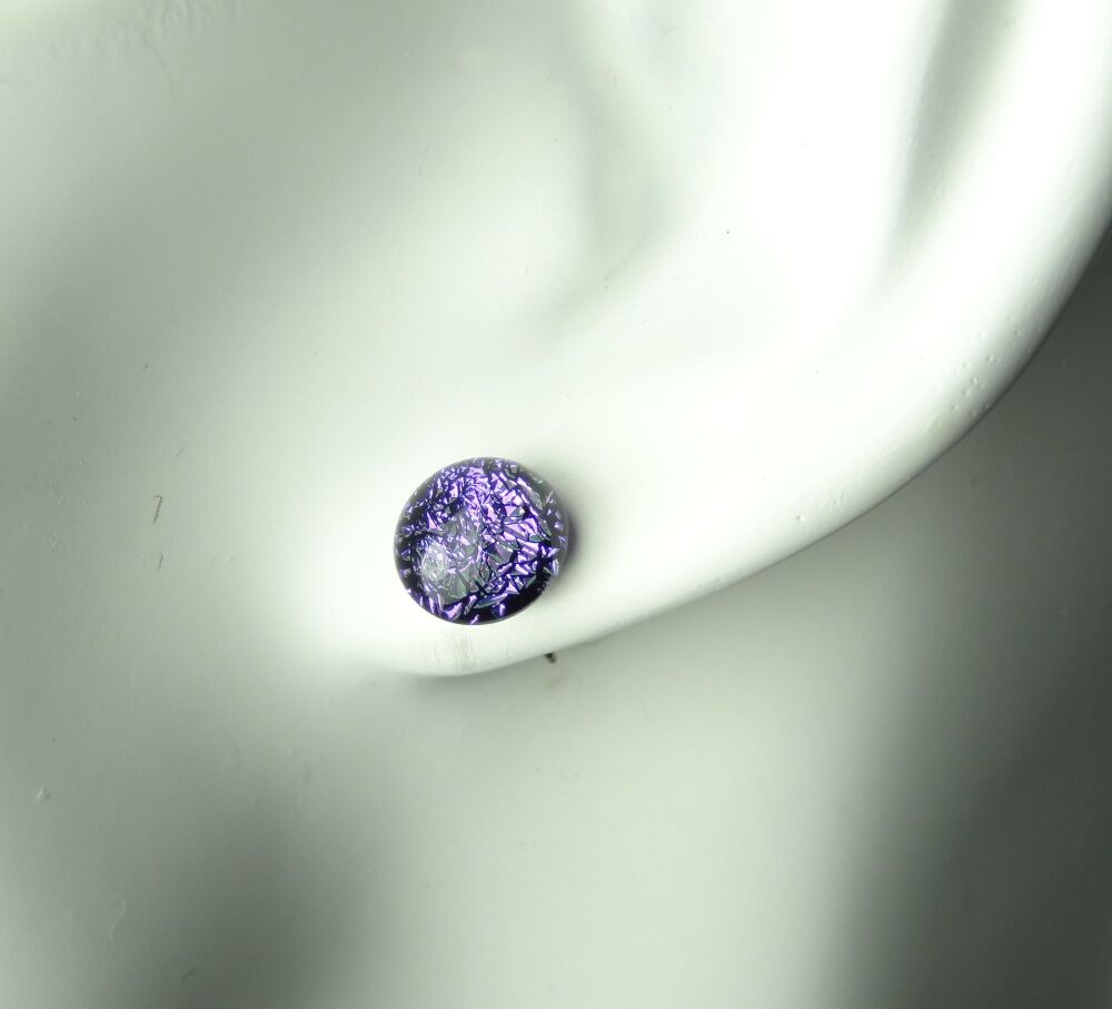 Handcrafted 9mm purple-ish genuine Dichroic glass stud earrings with hypoallergenic titanium posts (#10959)