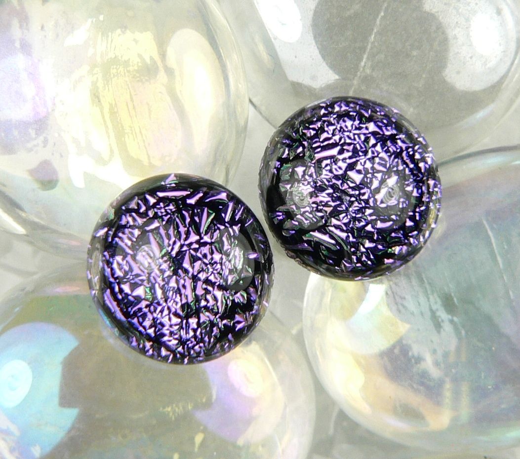 Handcrafted 9mm purple-ish genuine Dichroic glass stud earrings with hypoallergenic titanium posts (#10959)