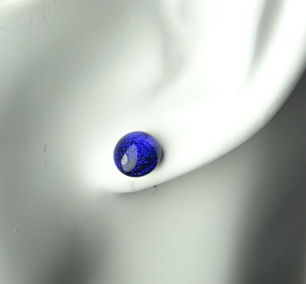 Handcrafted 9mm blue genuine Dichroic glass stud earrings with hypoallergenic titanium posts (#10929)