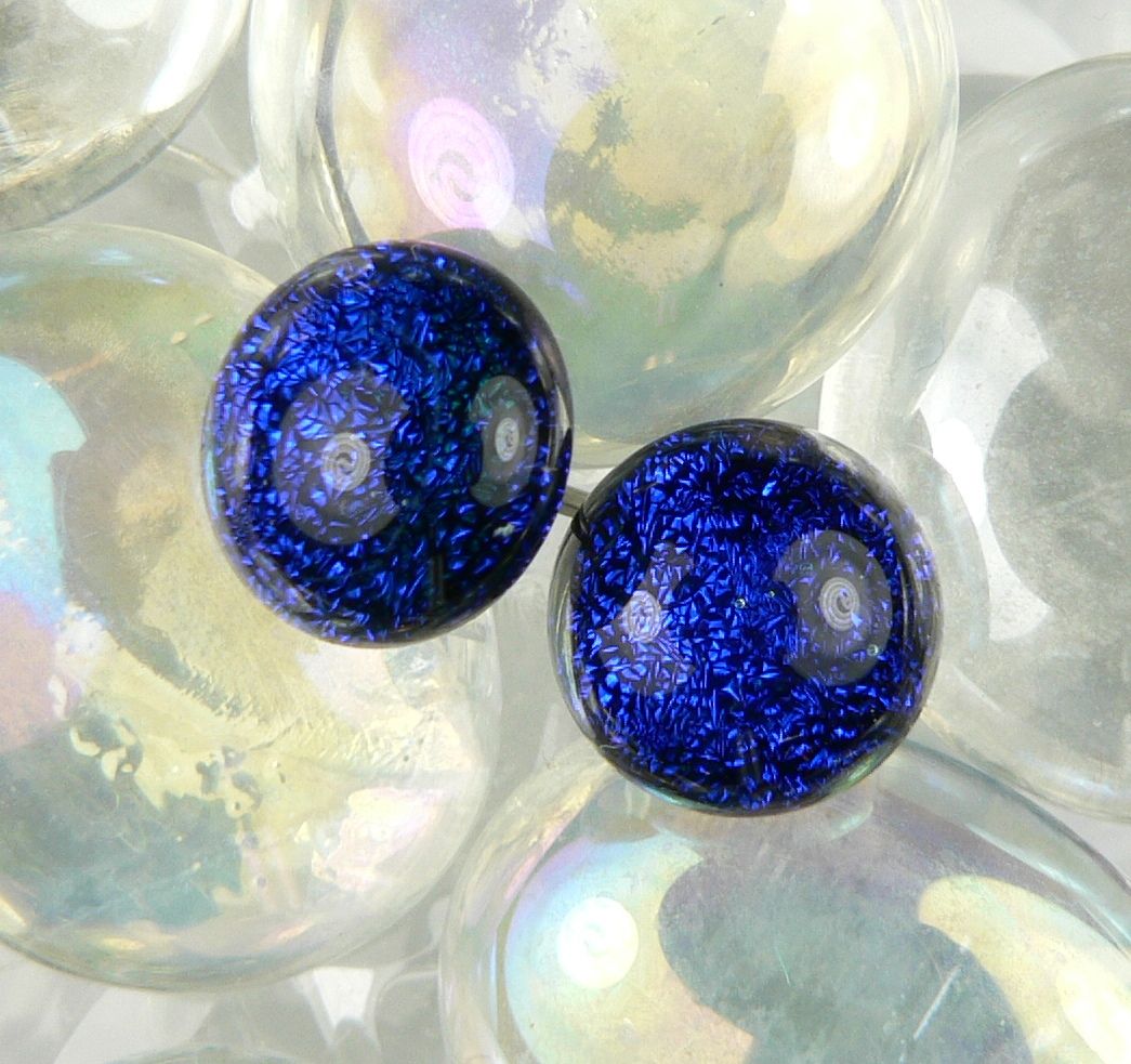 Handcrafted 9mm blue genuine Dichroic glass stud earrings with hypoallergenic titanium posts (#10929)