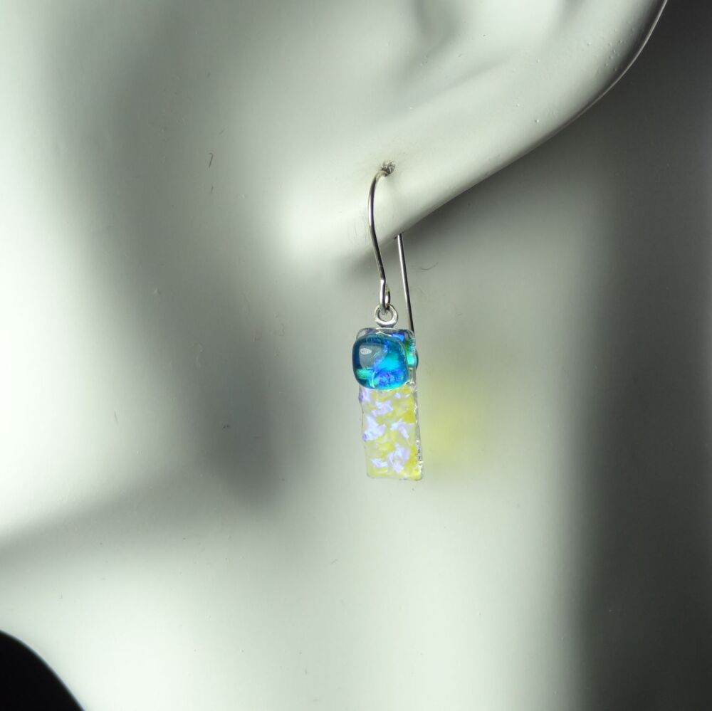 Handcrafted blue genuine Dichroic glass drop earrings with sterling silver wires (#8803)