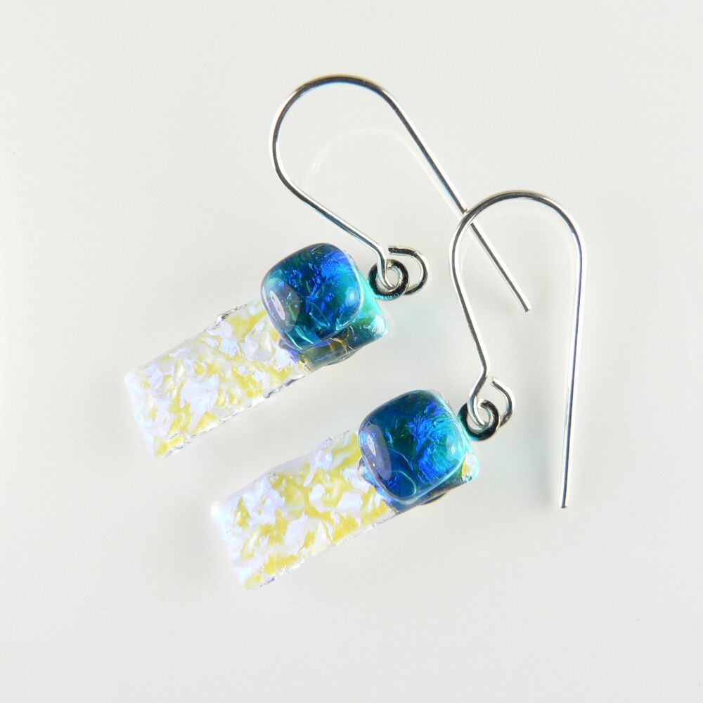 Handcrafted blue genuine Dichroic glass drop earrings with sterling silver wires (#8803)