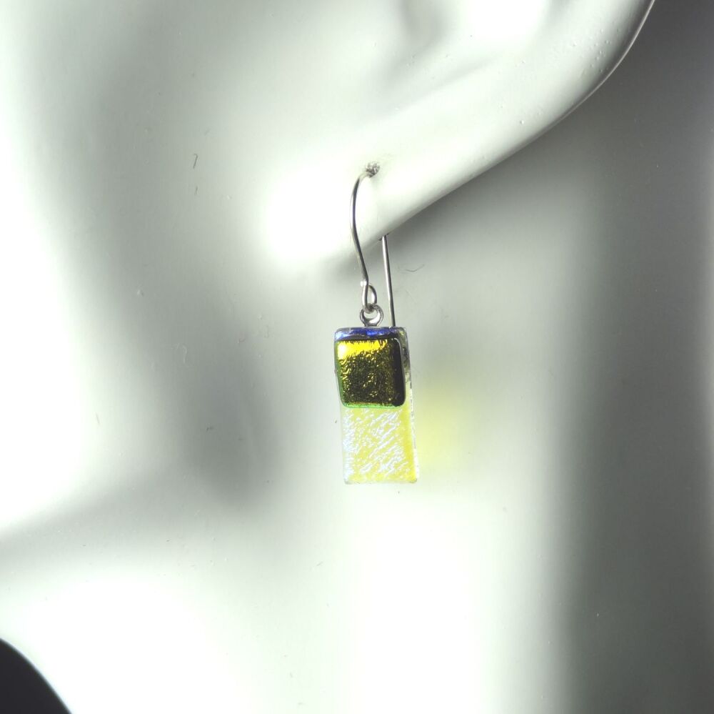 Handcrafted yellow-ish genuine Dichroic glass drop earrings with sterling silver wires (#20383)