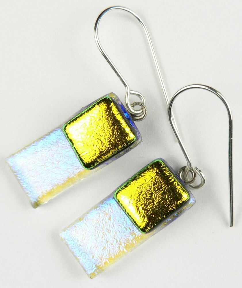 Handcrafted yellow-ish genuine Dichroic glass drop earrings with sterling silver wires (#20383)