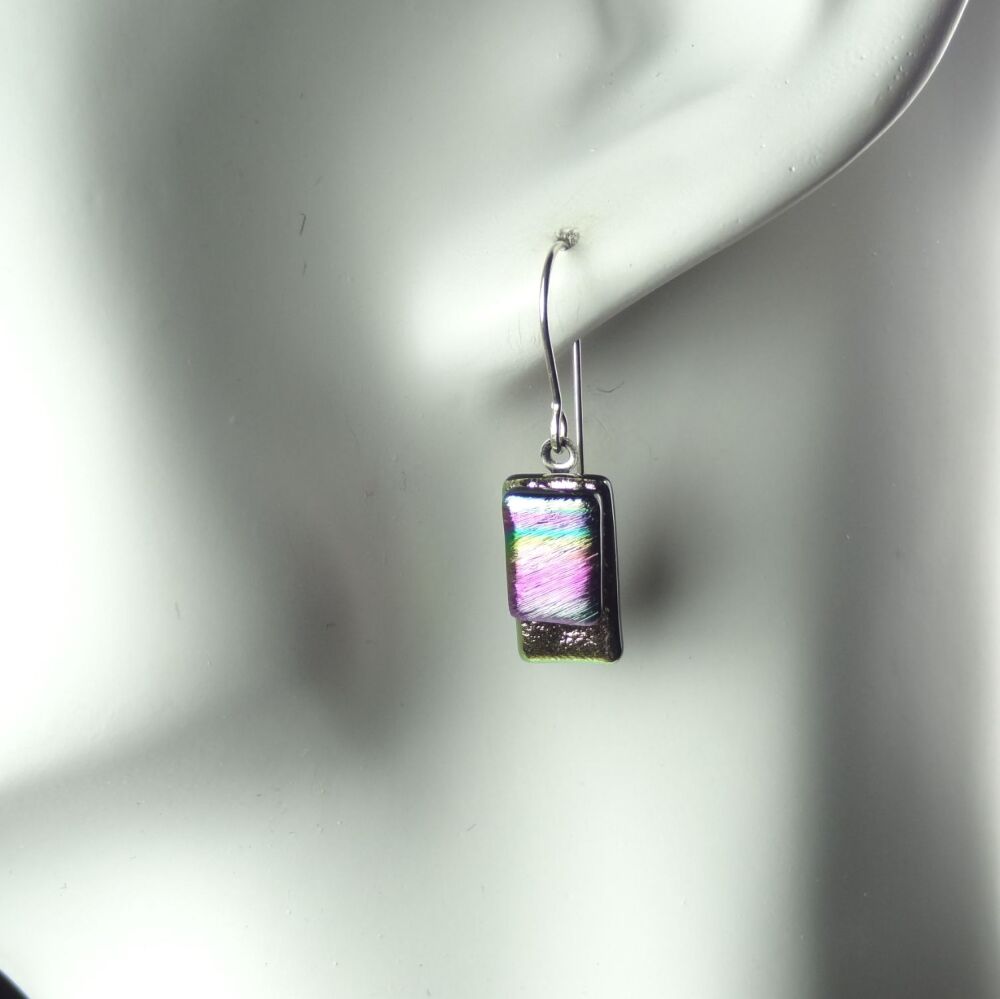 Handcrafted multi-coloured genuine Dichroic glass drop earrings with sterling silver wires (#8777)