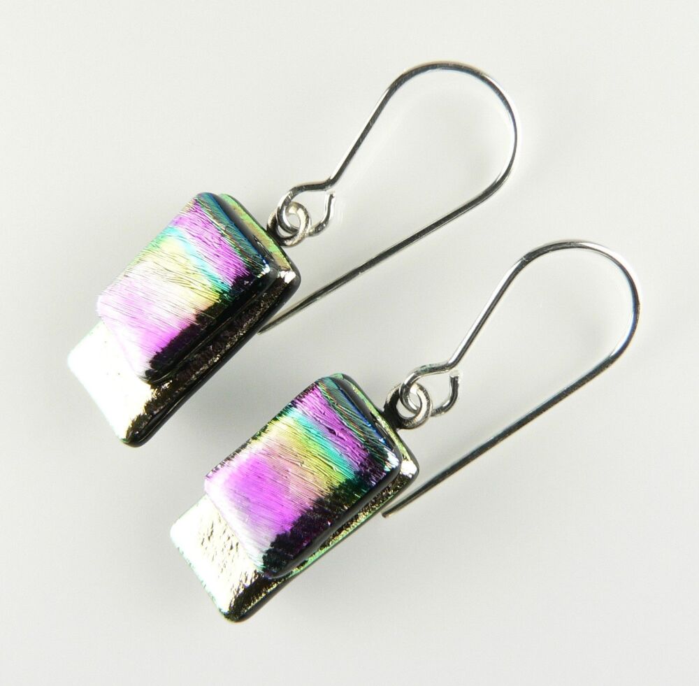 Handcrafted multi-coloured genuine Dichroic glass drop earrings with sterling silver wires (#8777)