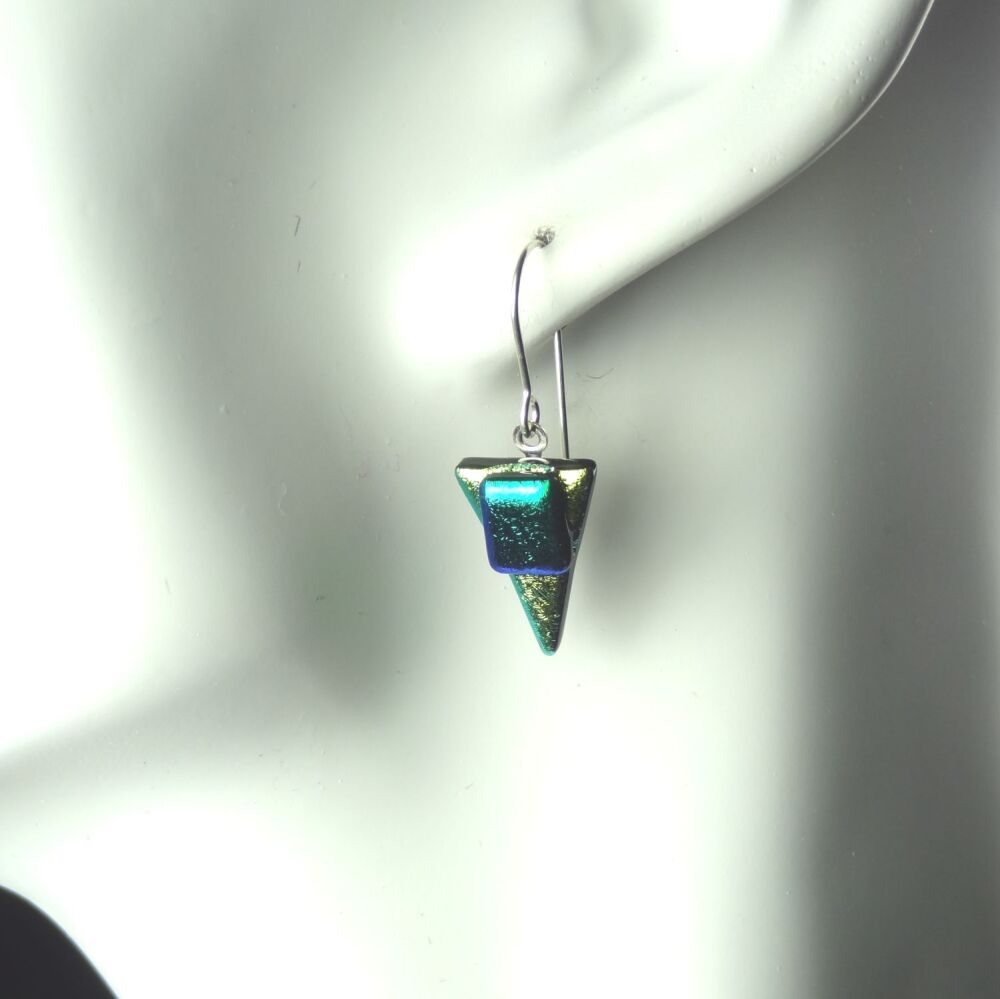 Handcrafted green genuine Dichroic glass earrings with sterling silver wires (#8743)