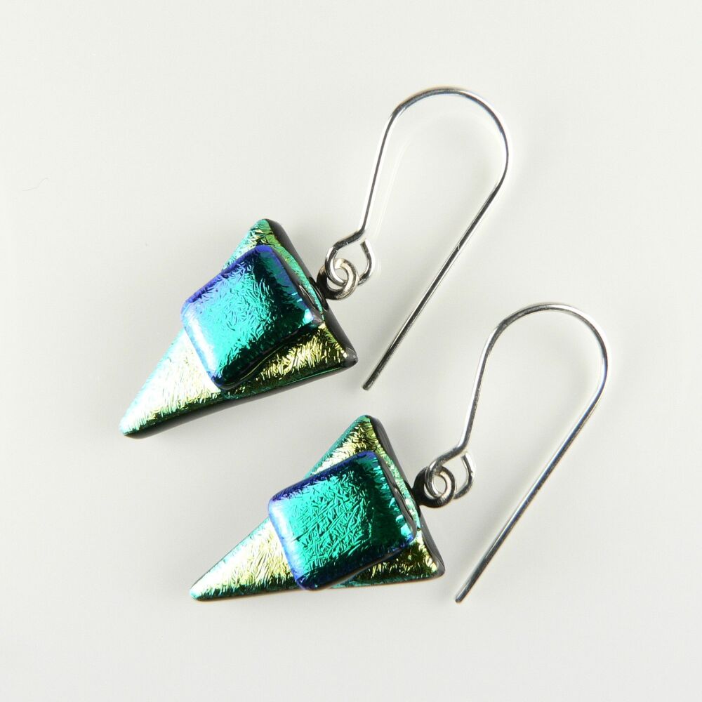 Handcrafted green genuine Dichroic glass earrings with sterling silver wires (#8743)
