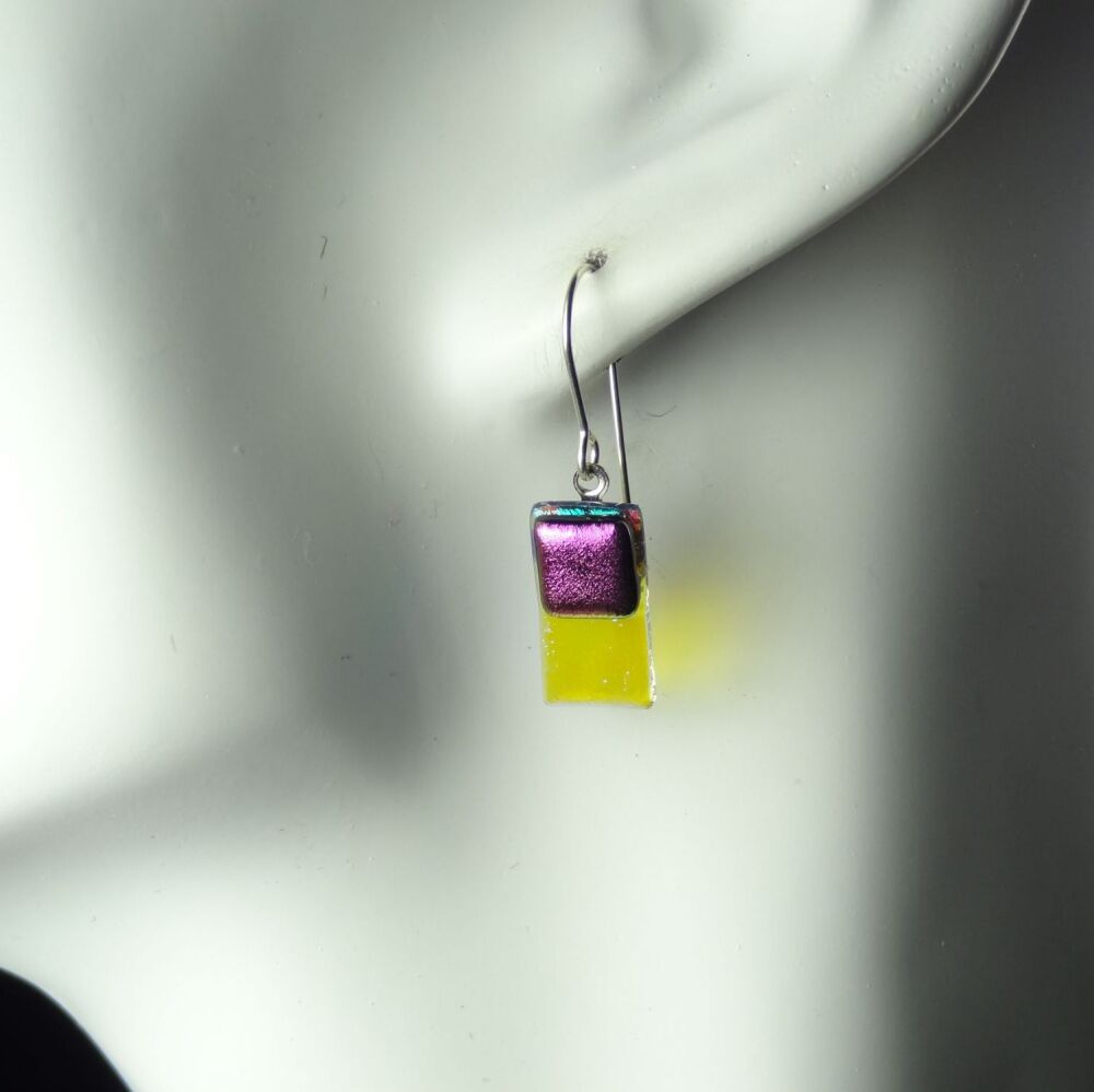 Handcrafted purple-ish pink genuine Dichroic glass drop earrings with sterling silver wires (#20658)