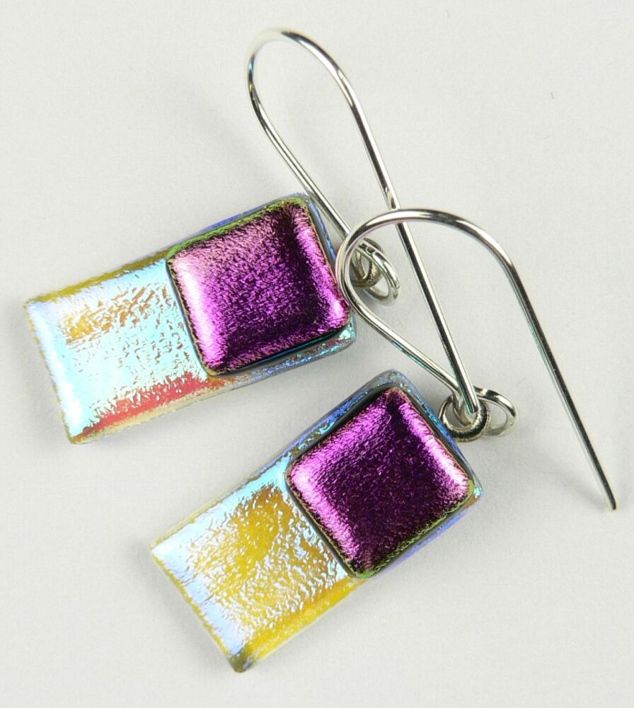 Handcrafted purple-ish pink genuine Dichroic glass drop earrings with sterling silver wires (#20658)