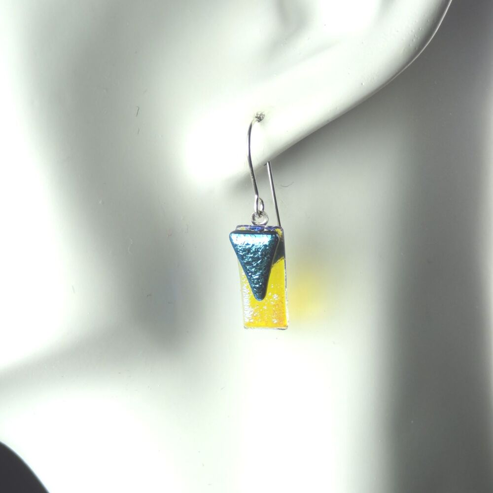 Handcrafted dark turquoise genuine Dichroic glass drop earrings with sterling silver wires (#20872)