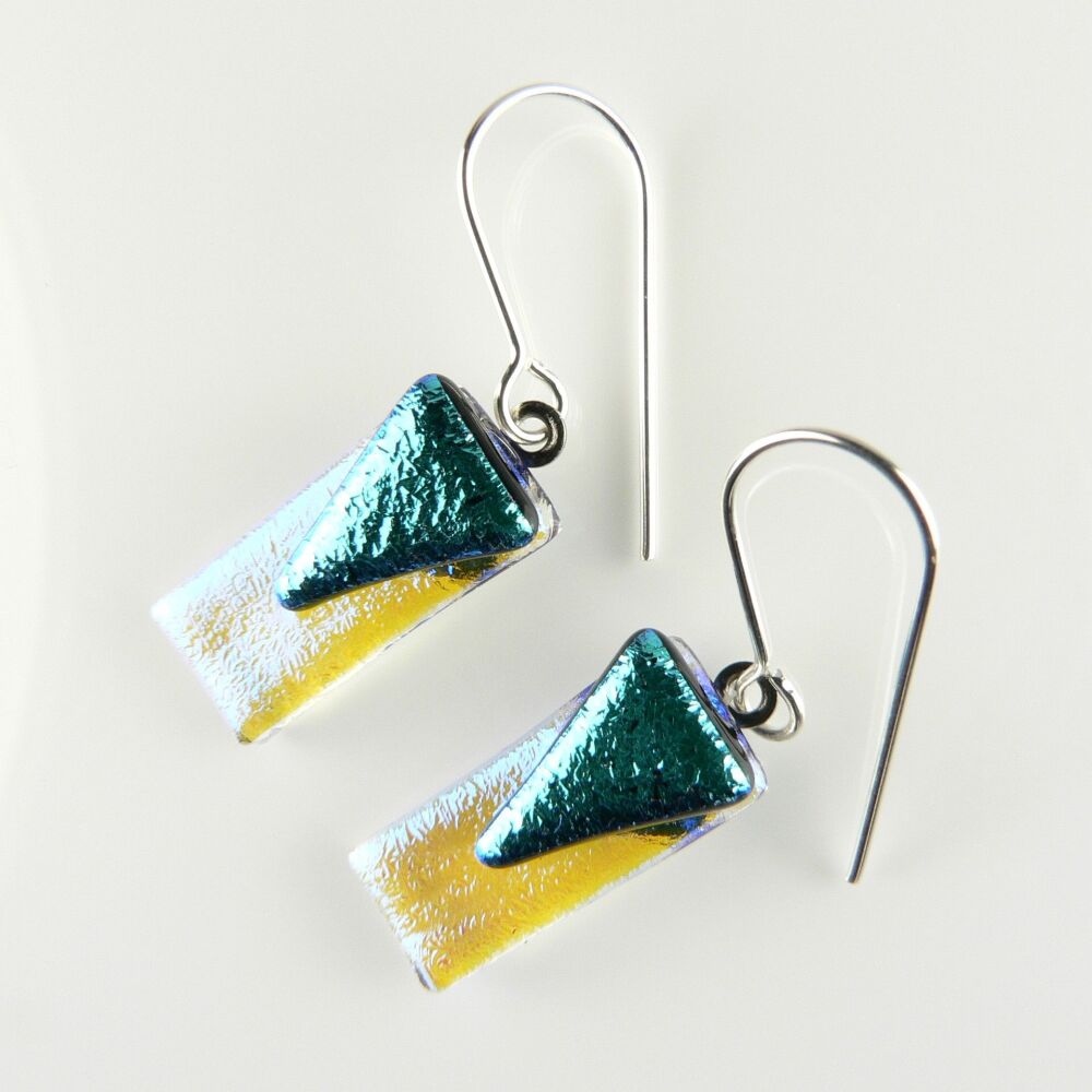 Handcrafted dark turquoise genuine Dichroic glass drop earrings with sterling silver wires (#20872)