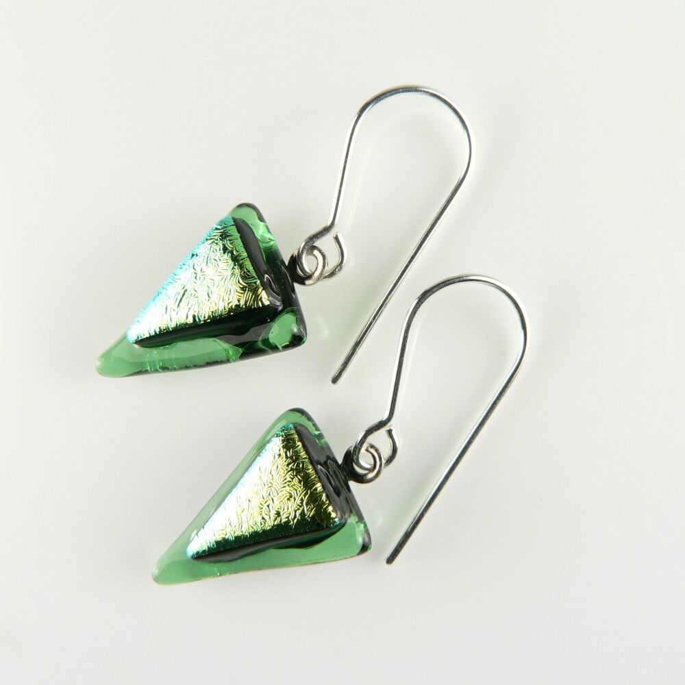 Handcrafted green genuine Dichroic glass earrings with sterling silver wires (#8780)
