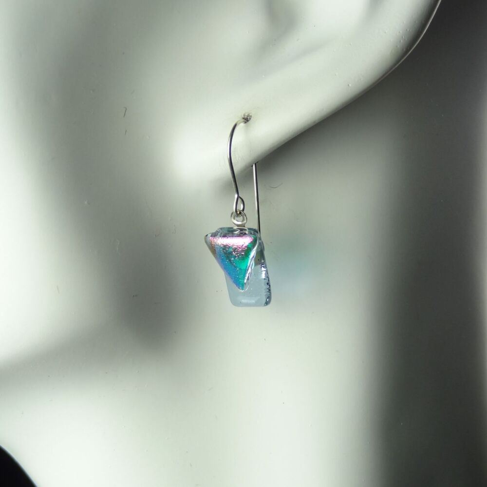 Handcrafted multi-coloured genuine Dichroic glass drop earrings with sterling silver wires (#8823)