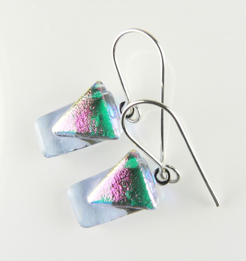 Handcrafted multi-coloured genuine Dichroic glass drop earrings with sterling silver wires (#8823)