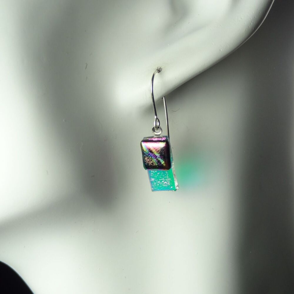 Handcrafted multi-coloured genuine Dichroic glass drop earrings with sterling silver wires (#8827)