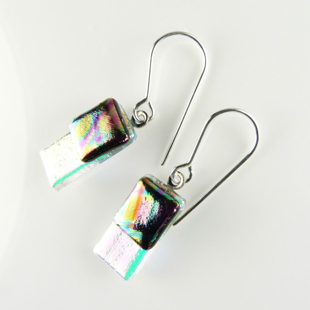 Handcrafted multi-coloured genuine Dichroic glass drop earrings with sterling silver wires (#8827)