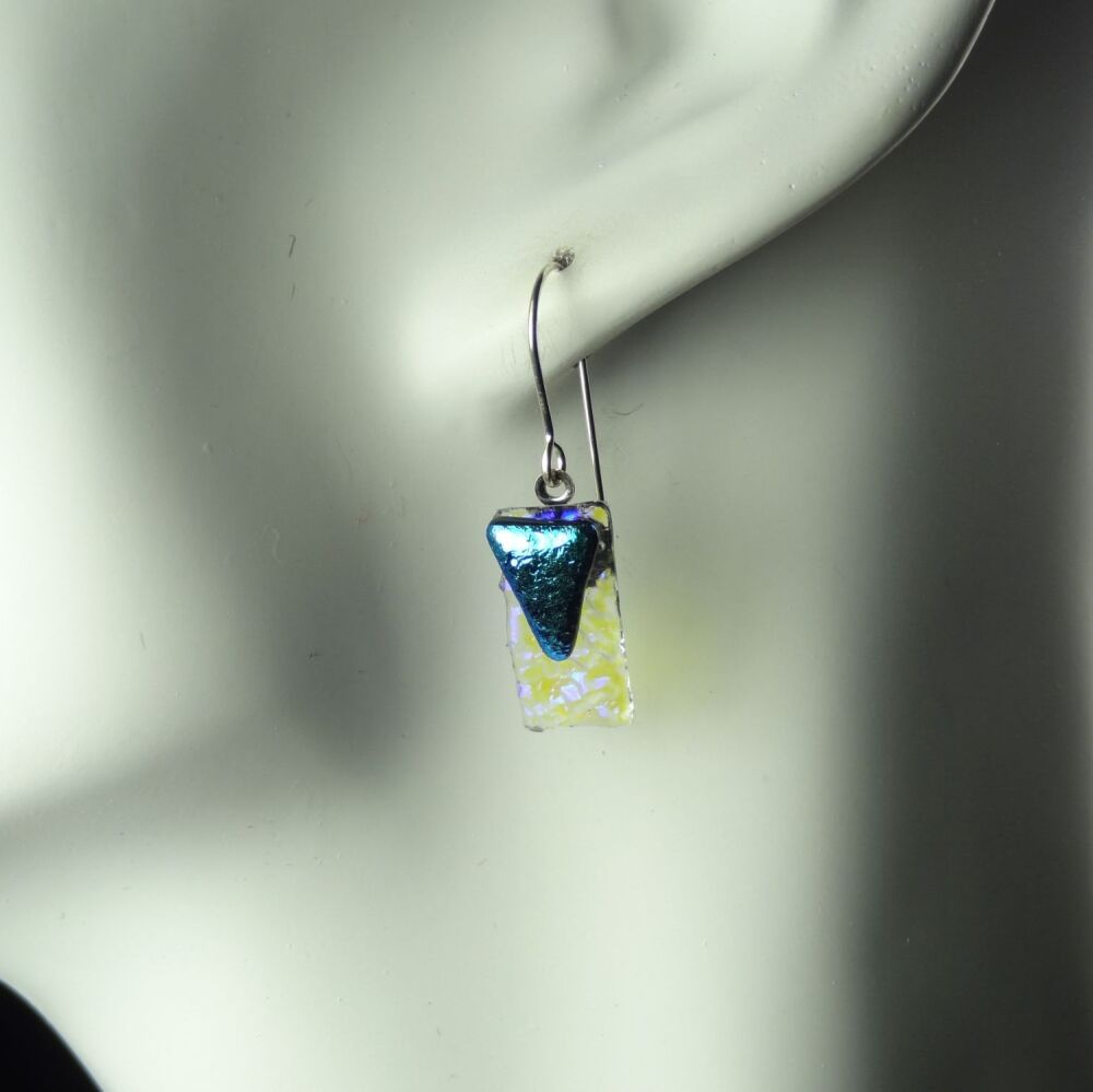 Handcrafted dark turquoise genuine Dichroic glass drop earrings with sterling silver wires (#8772)