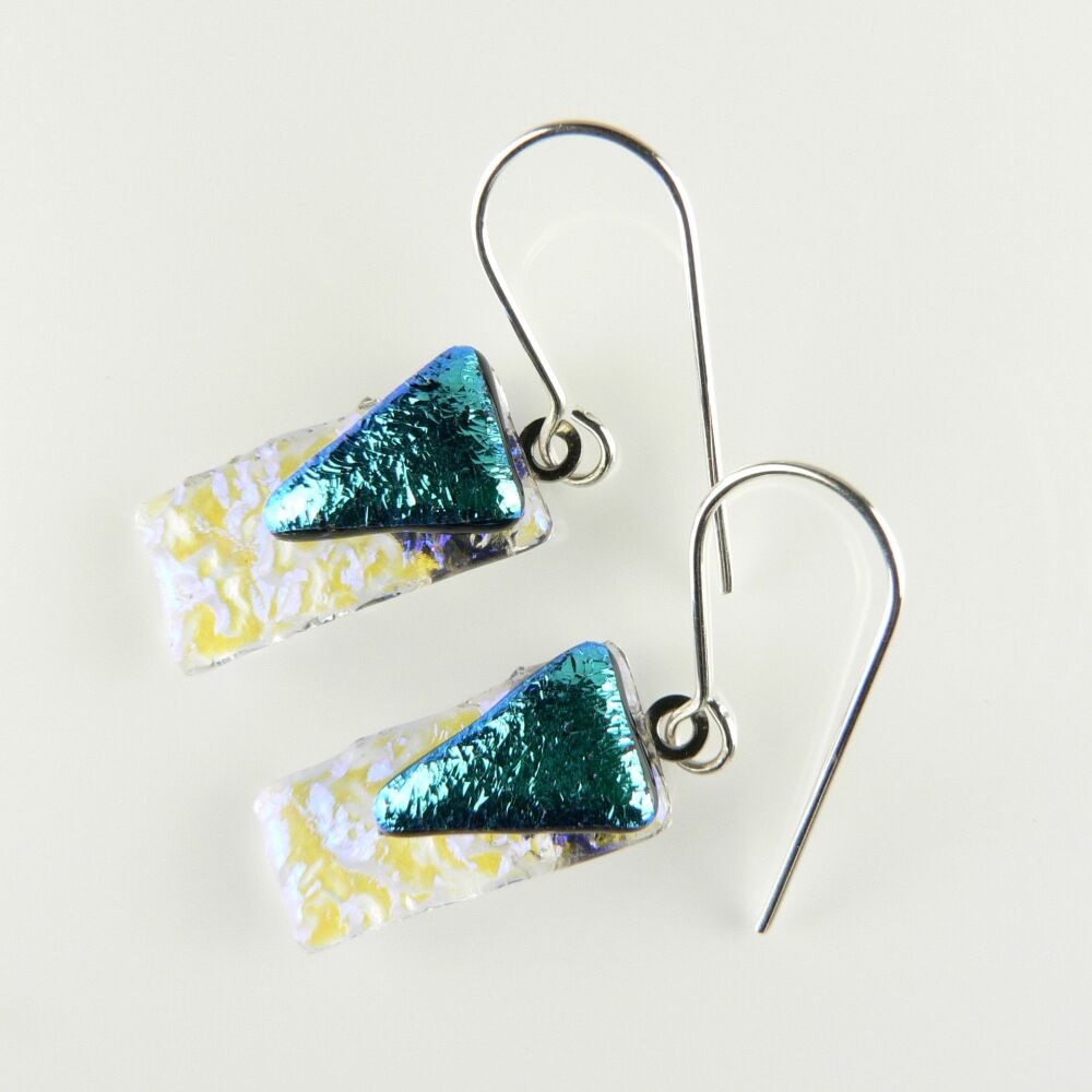 Handcrafted dark turquoise genuine Dichroic glass drop earrings with sterling silver wires (#8772)