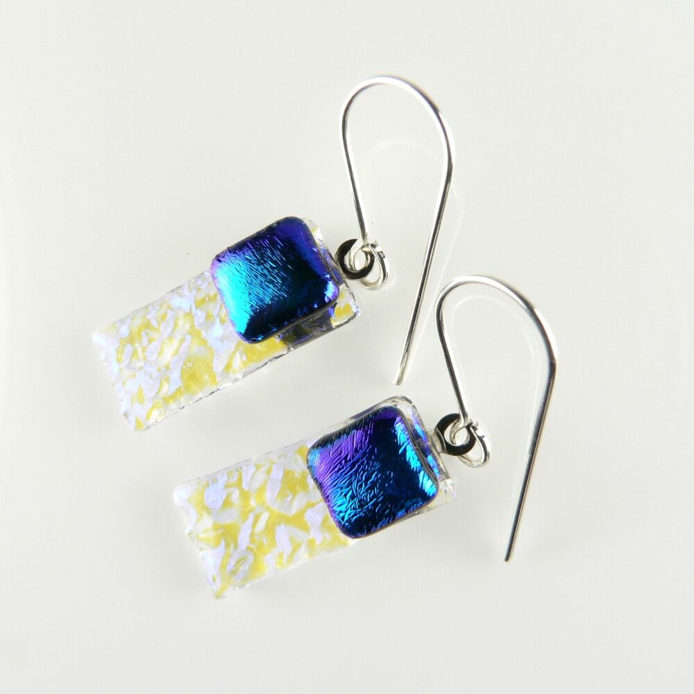 Handcrafted blue genuine Dichroic glass drop earrings with sterling silver wires, in a gift box (#8814)