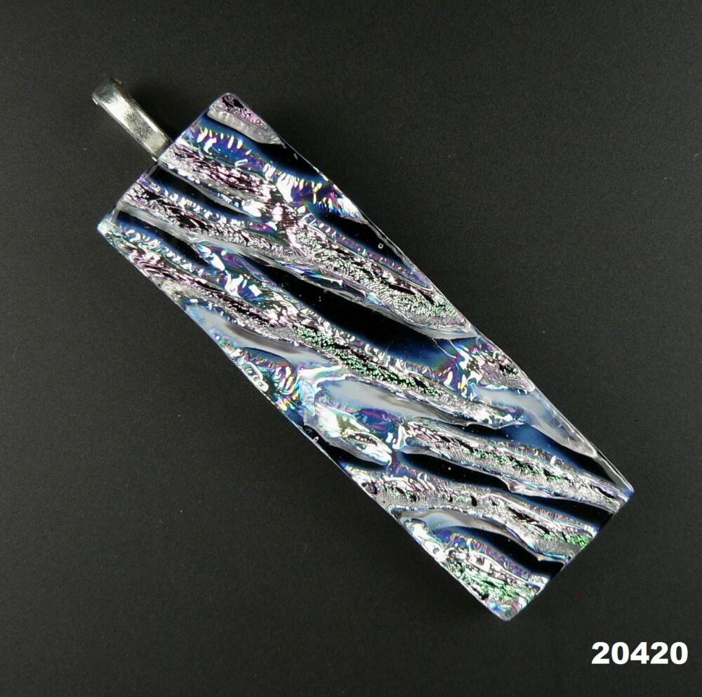 Handcrafted 5.6cm dark blue and silver Dichroic glass pendant, with leather cord & gift box (#20420)