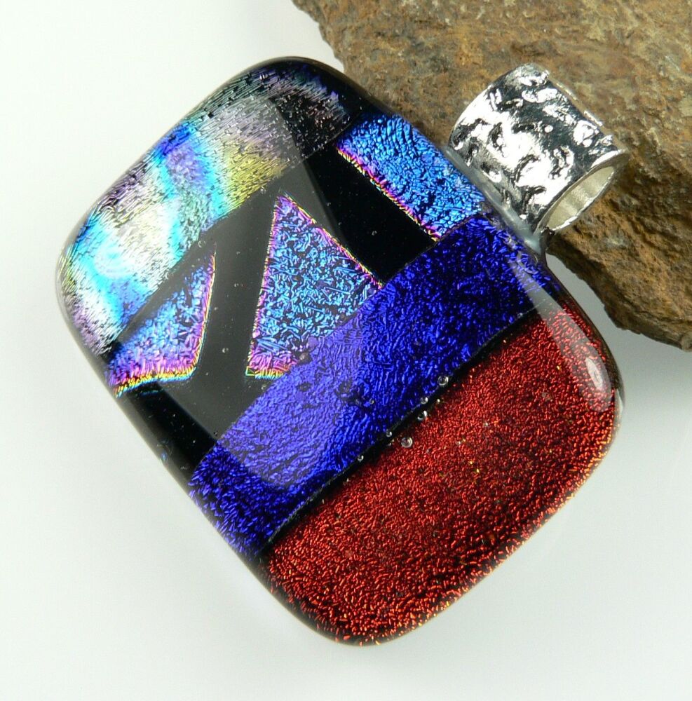 Handcrafted 3.2cm multi-coloured genuine Dichroic glass pendant, with leather cord & gift box (#8928)