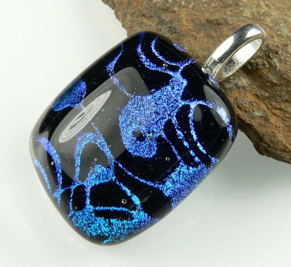 Handcrafted 3.4cm blue & black genuine Dichroic glass pendant, with leather cord & gift box (#8903)