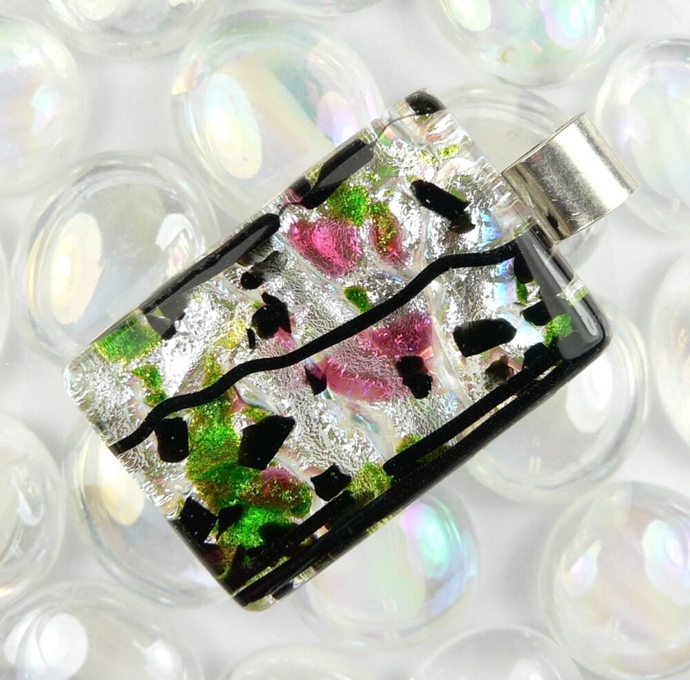 Handcrafted 3.8cm multi-coloured sterling silver Dichroic glass pendant, with leather cord & gift box (#20278)
