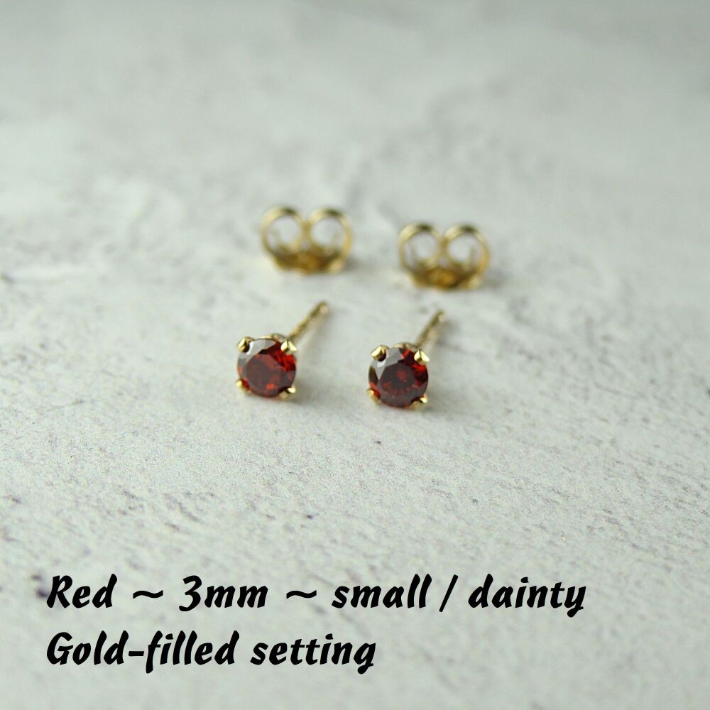 14k Gold Filled small/dainty 3mm faceted red Cubic Zirconia stud earrings – Handcrafted with claw setting